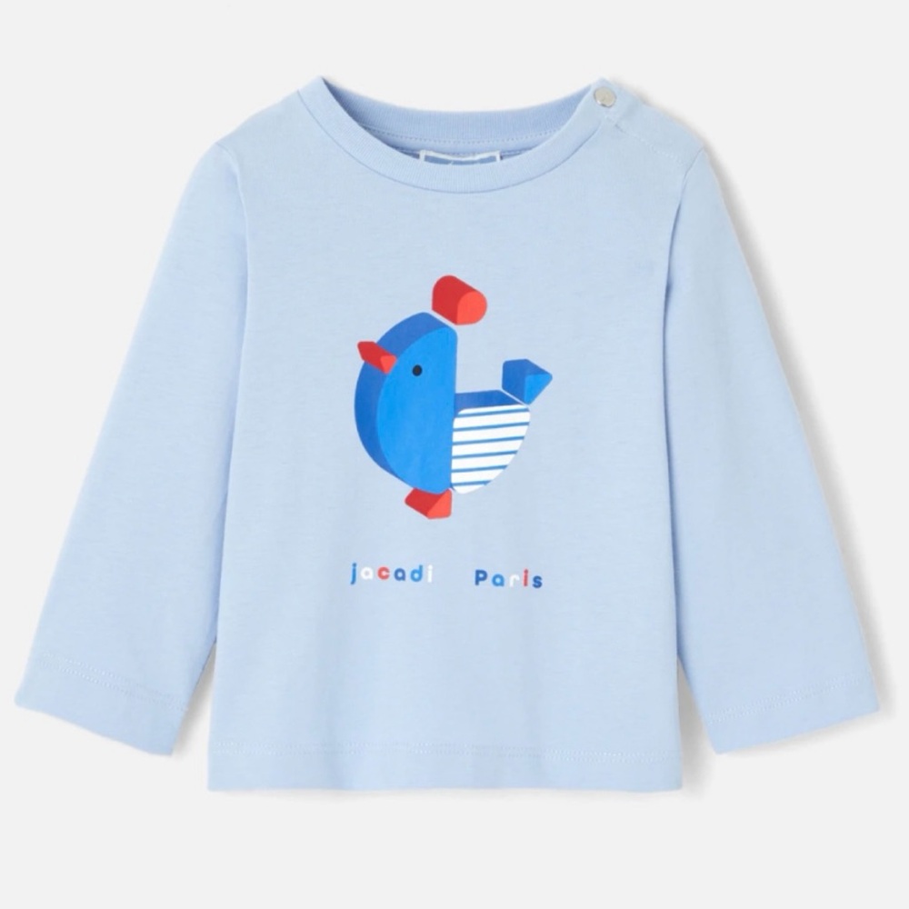JACADI PARIS • Light Blue French Tricolor Rooster Long Sleeve Shirt, 6M
